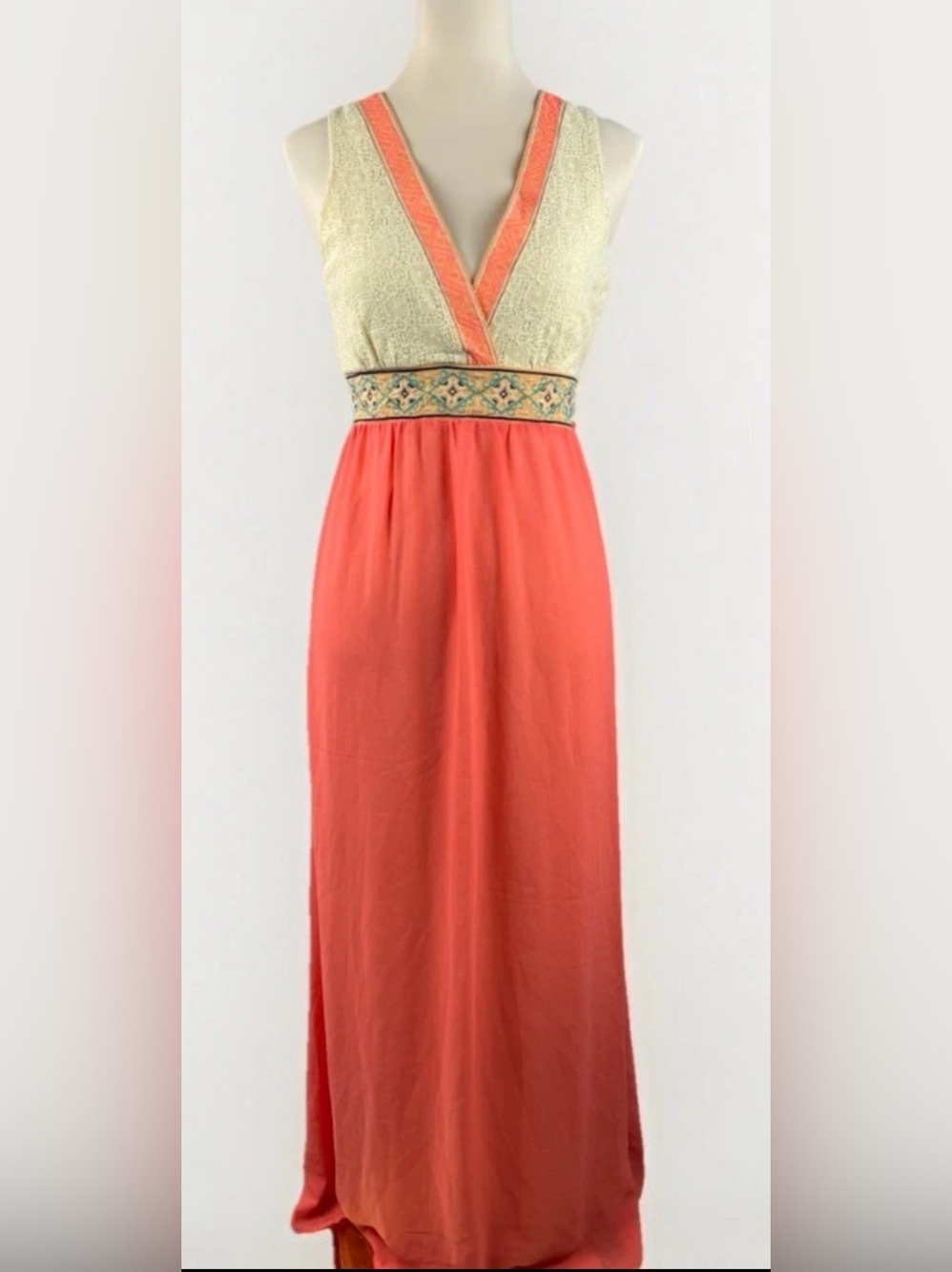 Flying Tomato Coral and Cream V-Neck Empire Maxi Dress